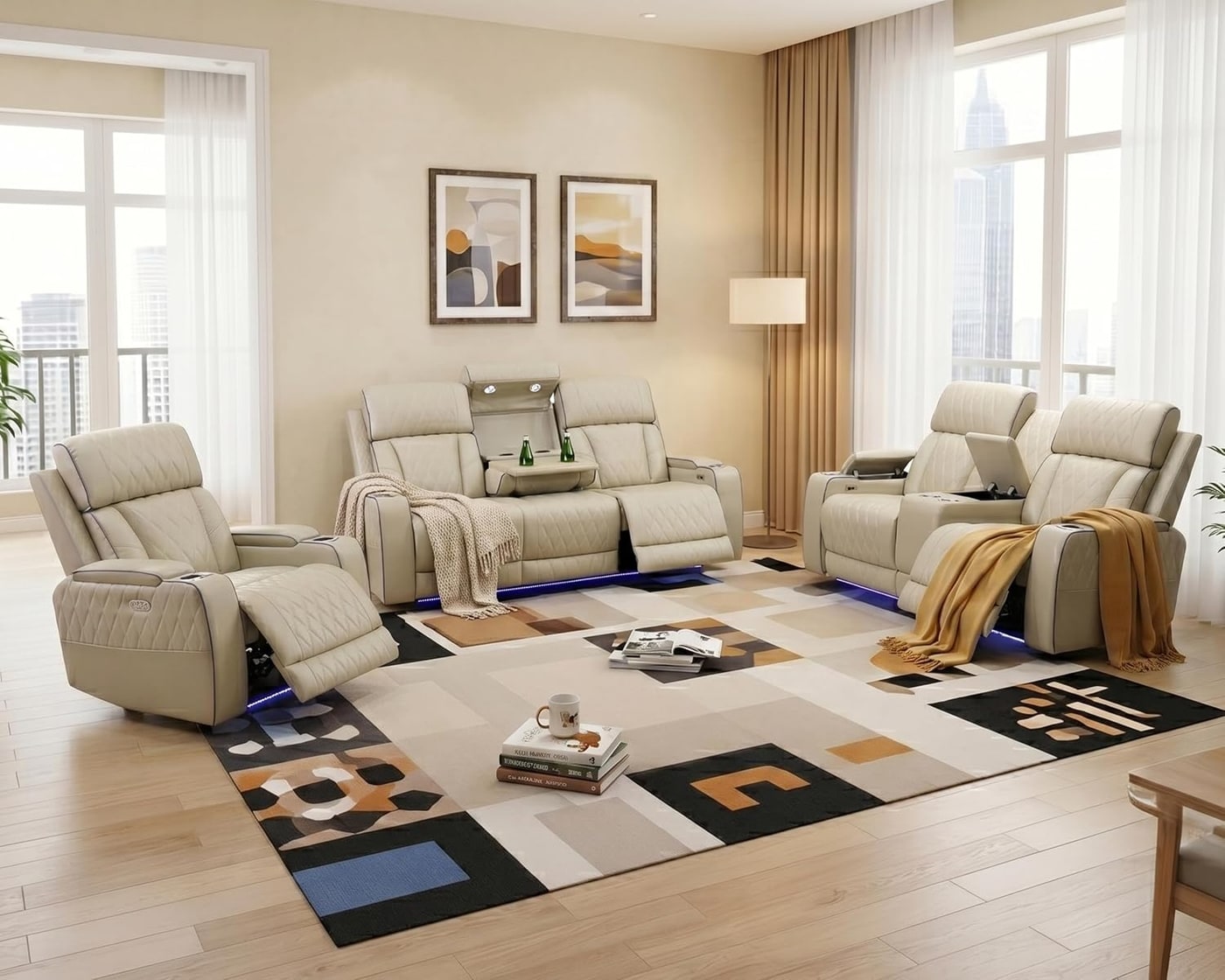 Power Reclining Leather Home Theater Sofa Set - Khaki