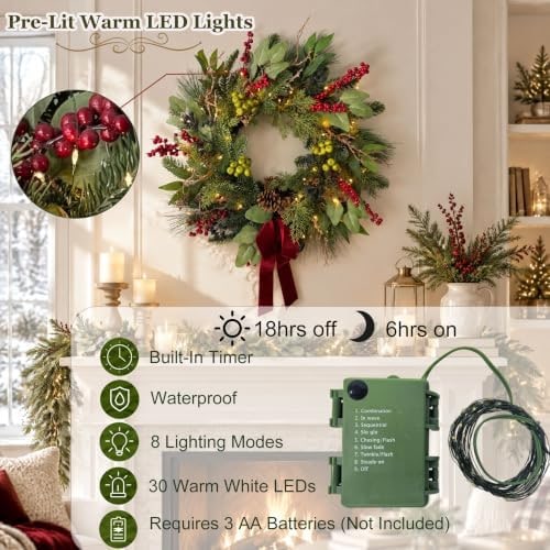 24-Inch Pre-Lit Eucalyptus & Evergreen Christmas Wreath - Photo 3
