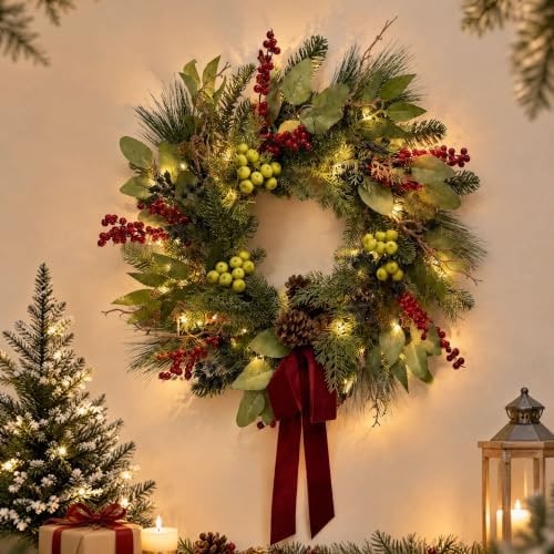 24-Inch Pre-Lit Eucalyptus & Evergreen Christmas Wreath - Photo 4