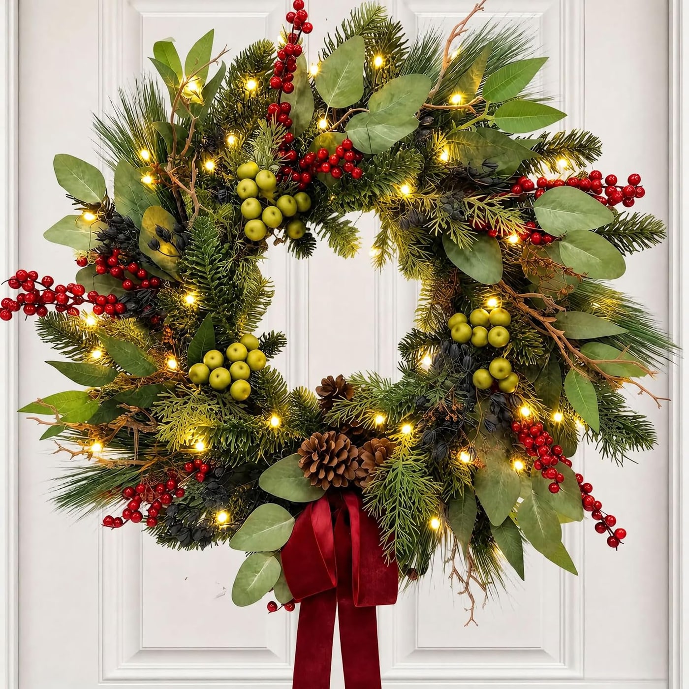 24-Inch Pre-Lit Eucalyptus & Evergreen Christmas Wreath - Green with Red & Green Berries