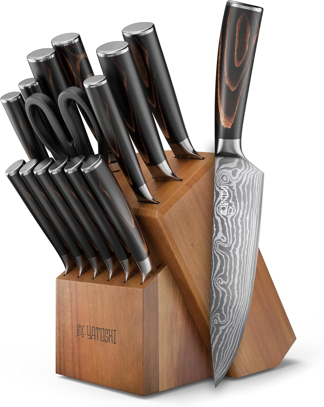 Professional 15-Piece Kitchen Knife Set with Acacia Block - Brown