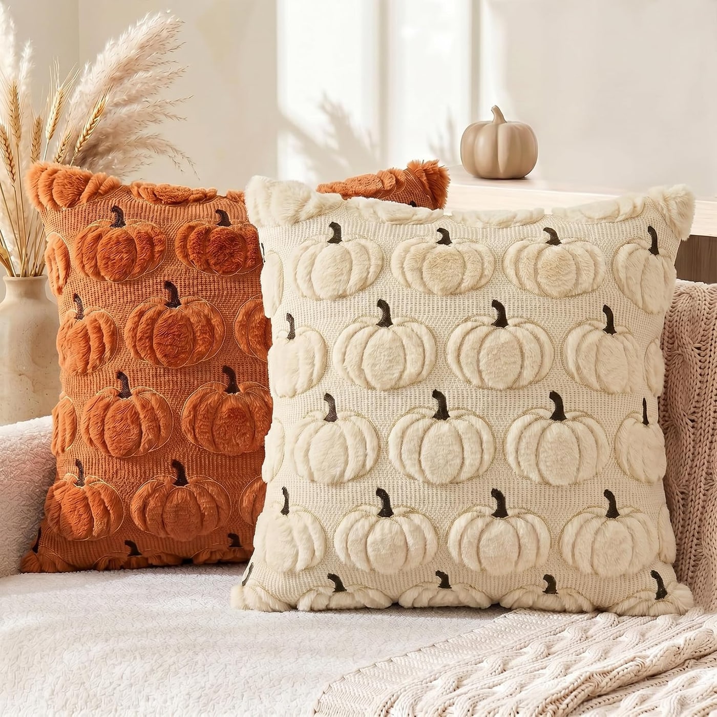 Fall Pumpkin Embroidery Plush Pillow Covers, Set of 2