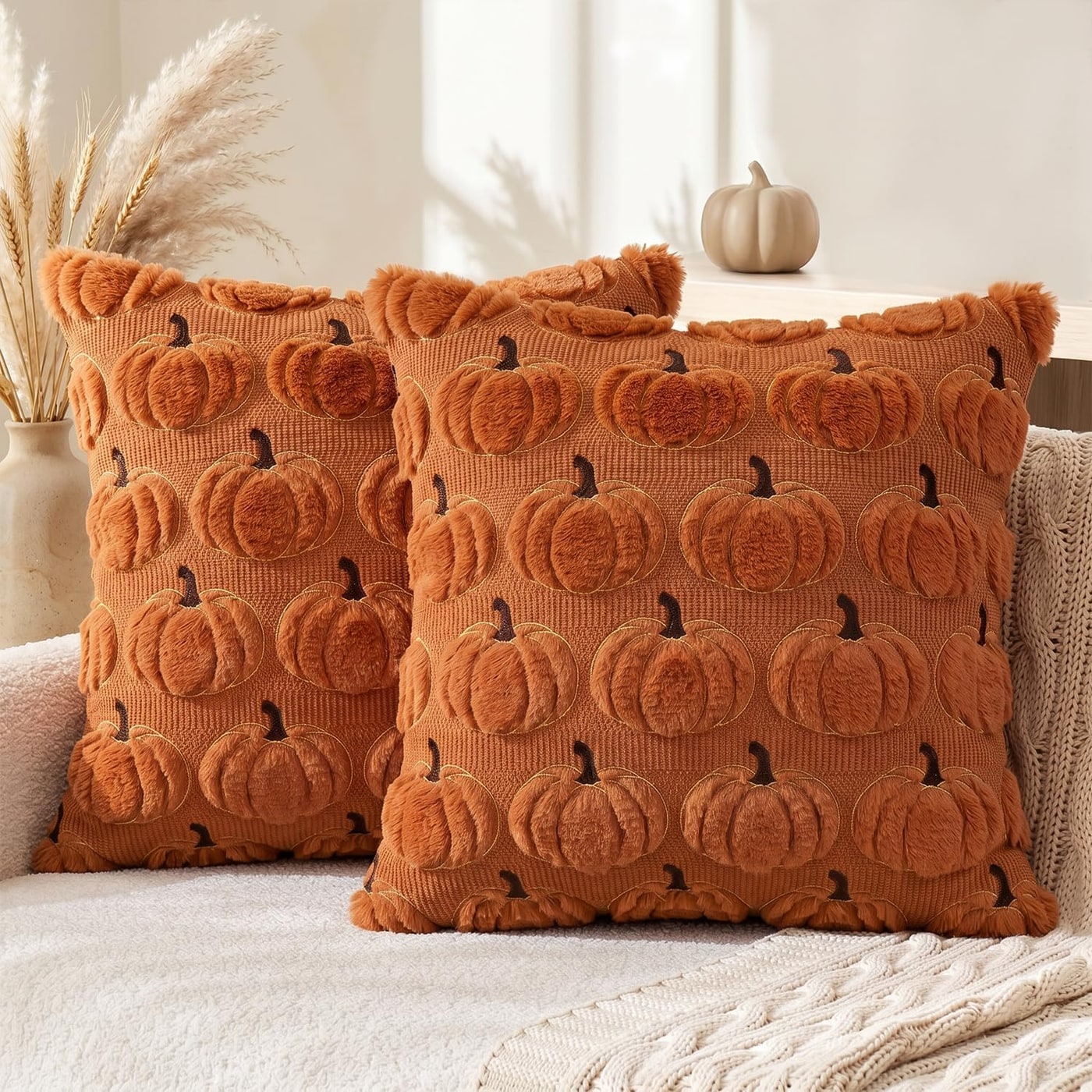 Fall Pumpkin Embroidery Plush Pillow Covers, Set of 2