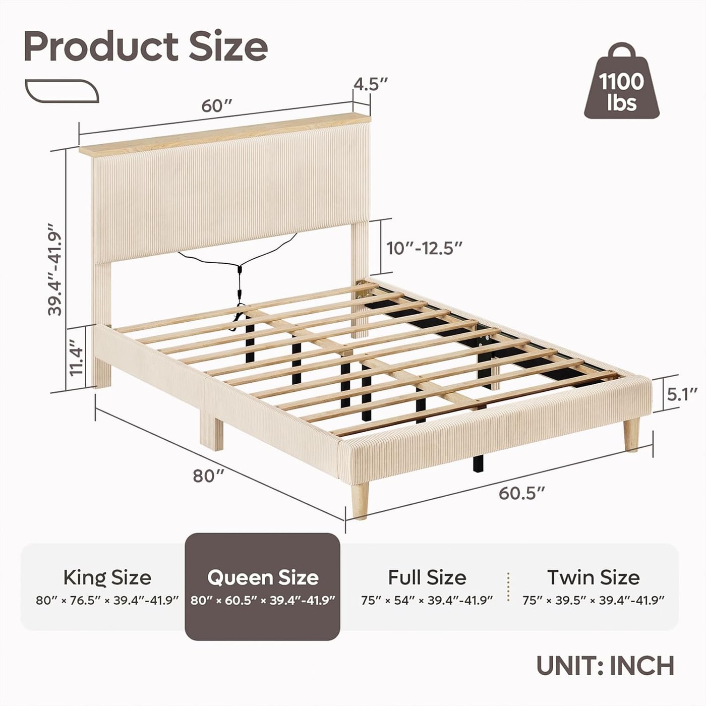 Upholstered Queen Bed with LED Storage Headboard - Photo 2
