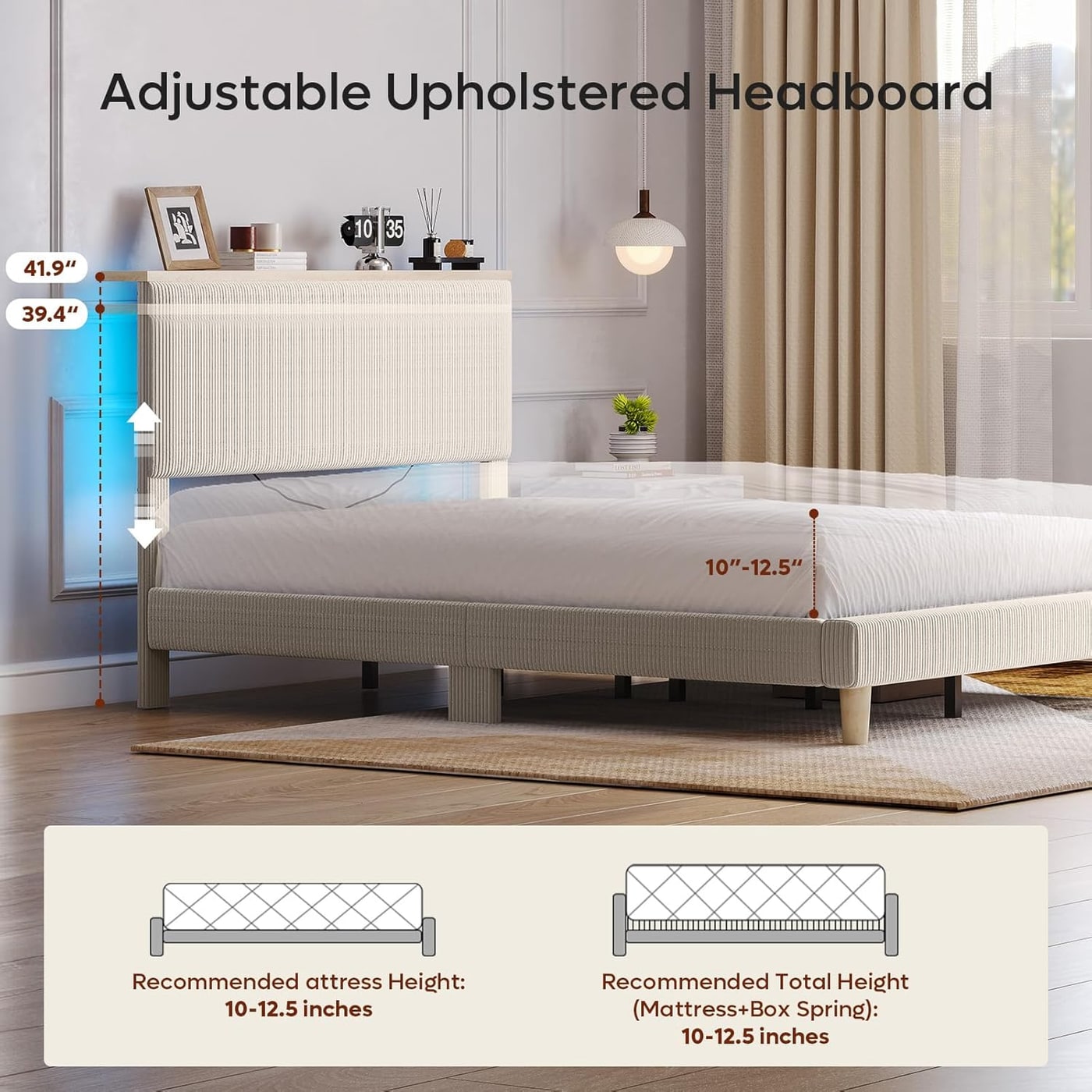 Upholstered Queen Bed with LED Storage Headboard - Photo 3