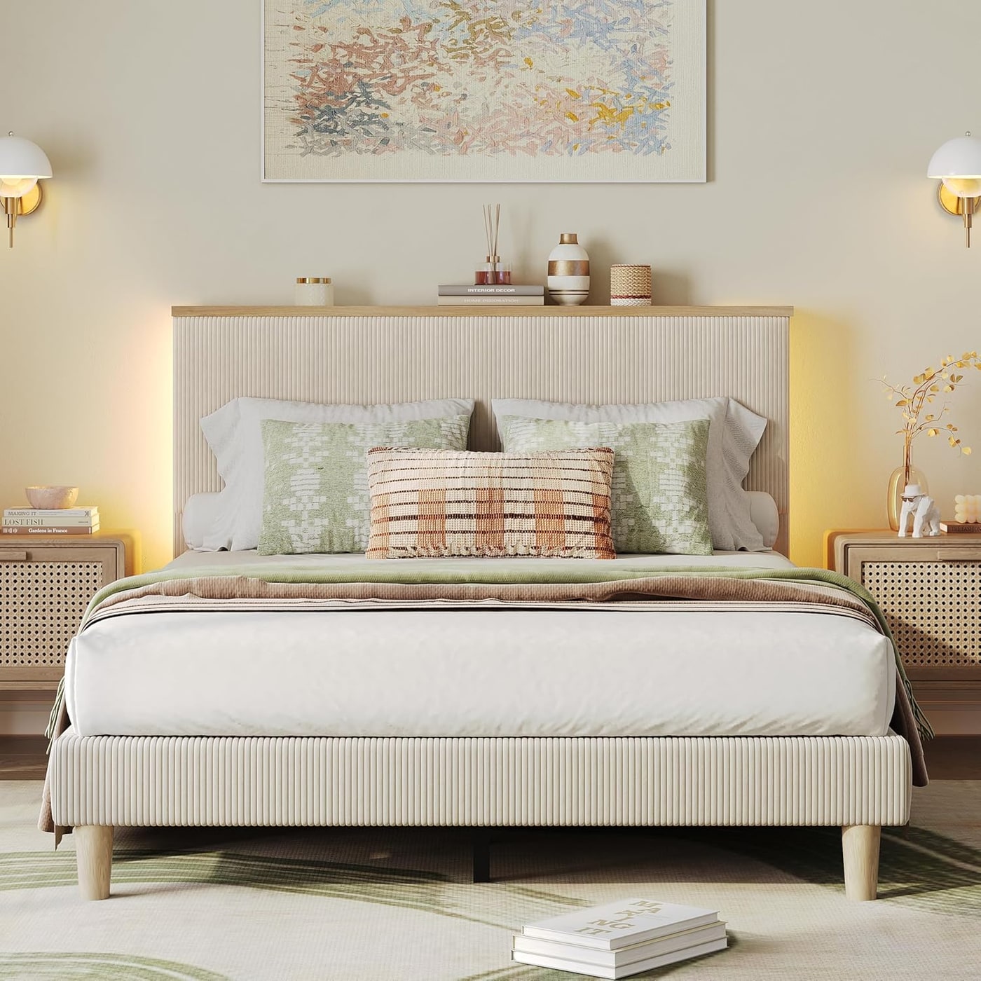 Upholstered Queen Bed with LED Storage Headboard - Beige