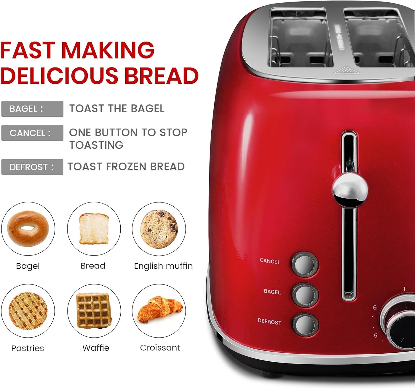 Retro Stainless Steel Two-Slice Toaster with Bagel & Defrost Modes - Photo 4