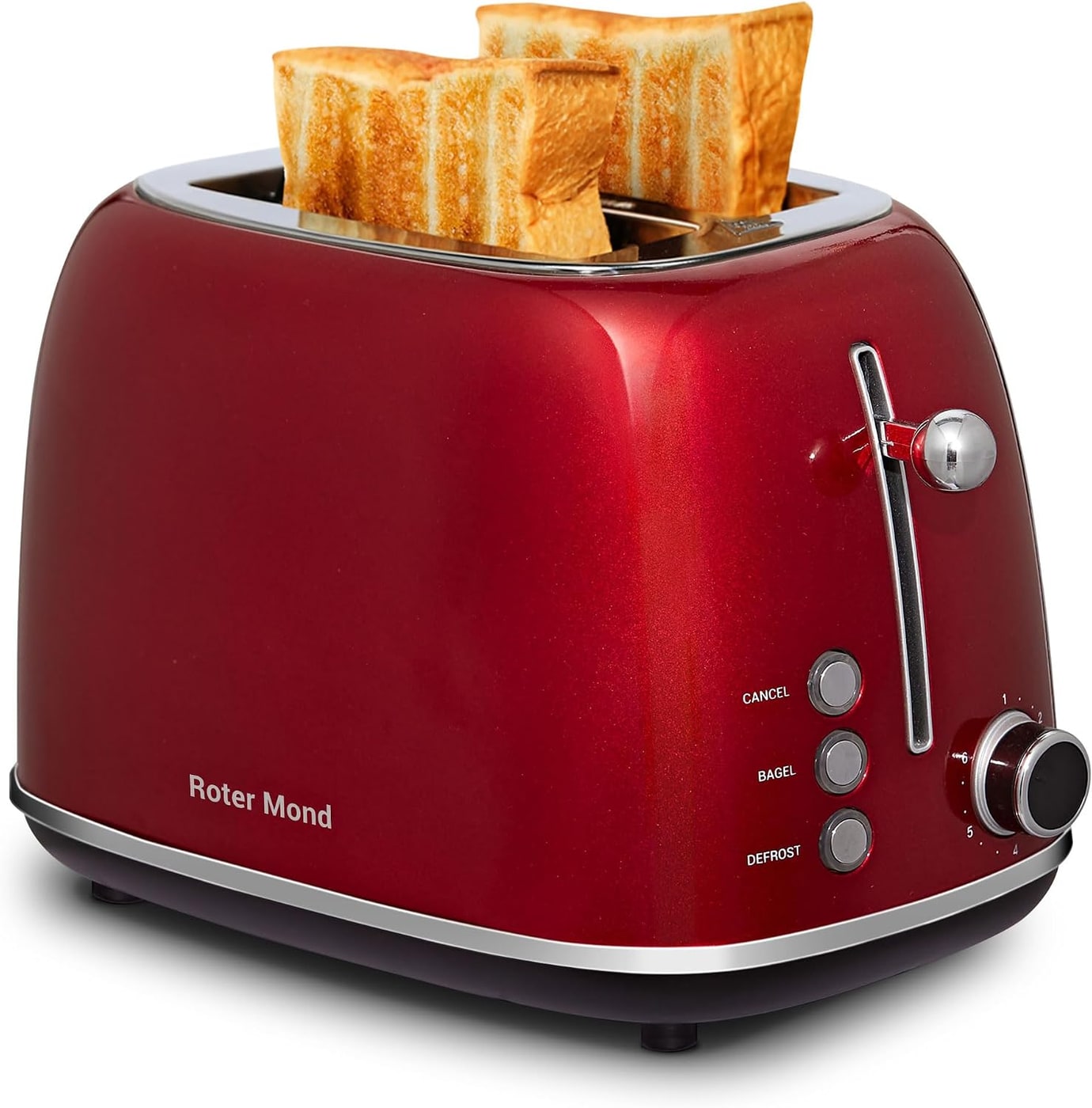 Retro Stainless Steel Two-Slice Toaster with Bagel & Defrost Modes - Red