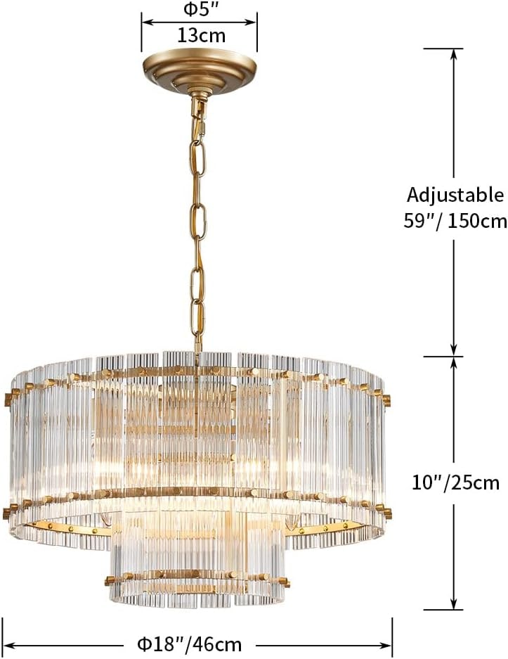 Double-Layer Ripple Glass Drum Chandelier, 7-Light Gold Pendant - Photo 2