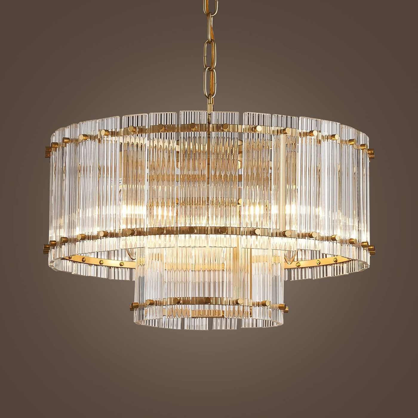 Double-Layer Ripple Glass Drum Chandelier, 7-Light Gold Pendant - Photo 3