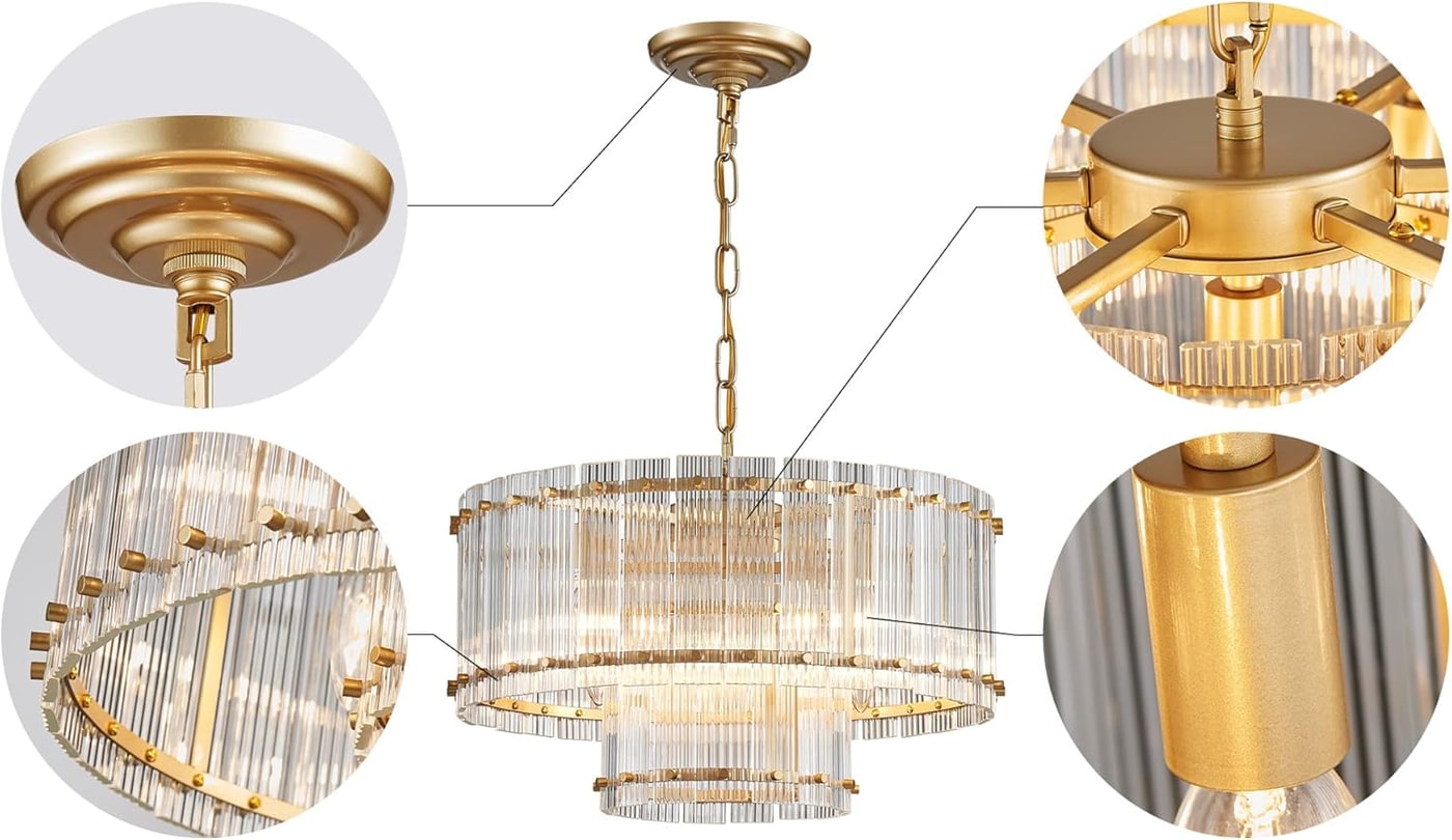 Double-Layer Ripple Glass Drum Chandelier, 7-Light Gold Pendant - Photo 4