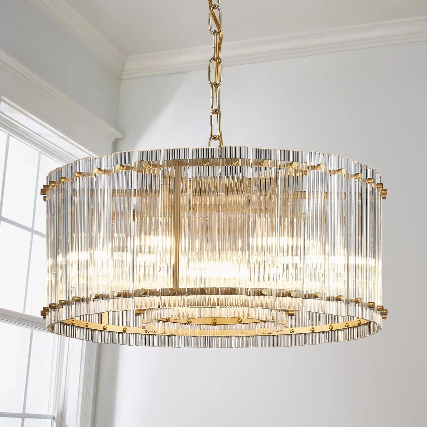 Double-Layer Ripple Glass Drum Chandelier, 7-Light Gold Pendant - Gold B