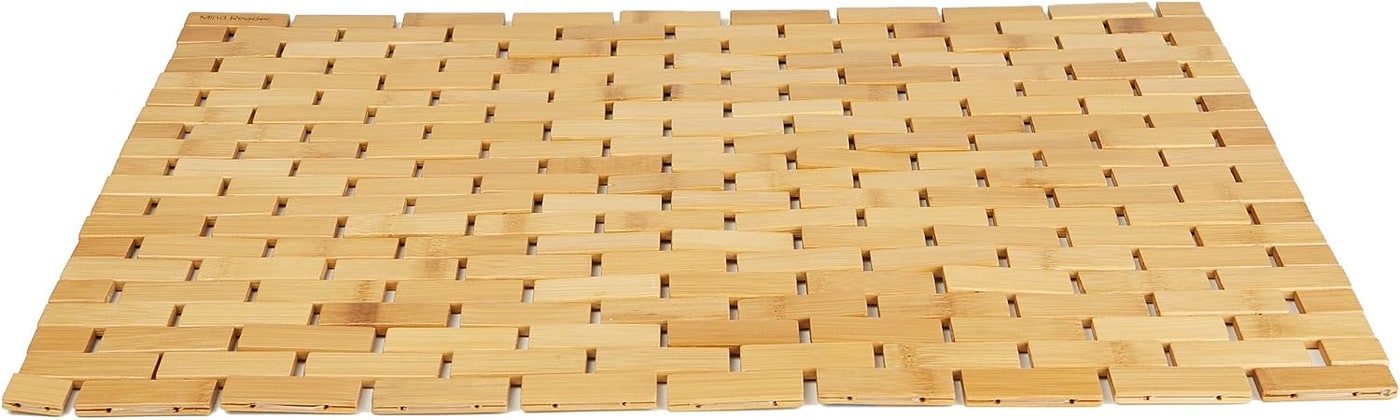 Slatted bamboo bath mat with warm brown color and roll-up design, shown flat with rubber grip pads visible