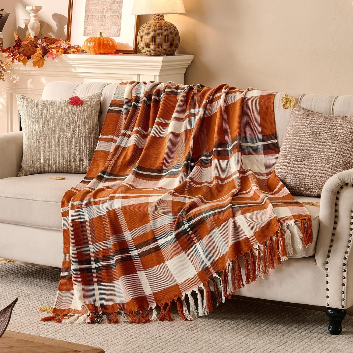 Rust Plaid Fringe Throw Blanket - Plaid Orange