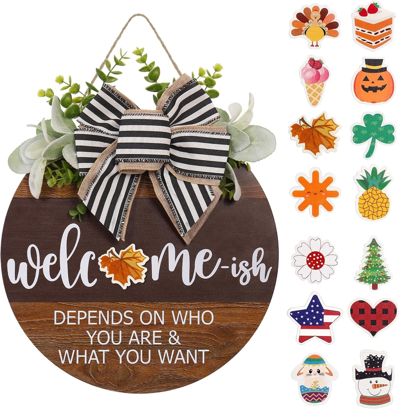 Rustic Round Wood Welcome Sign with Seasonal Icons