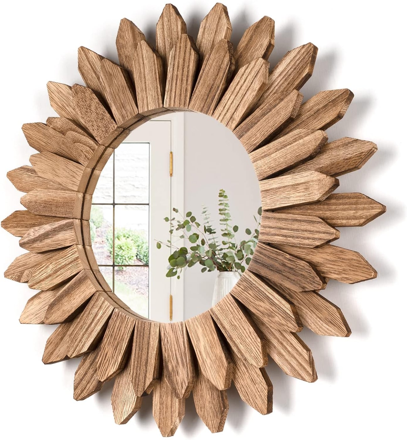 Rustic Sunburst Wood Wall Mirror (12") - Carbonized Black