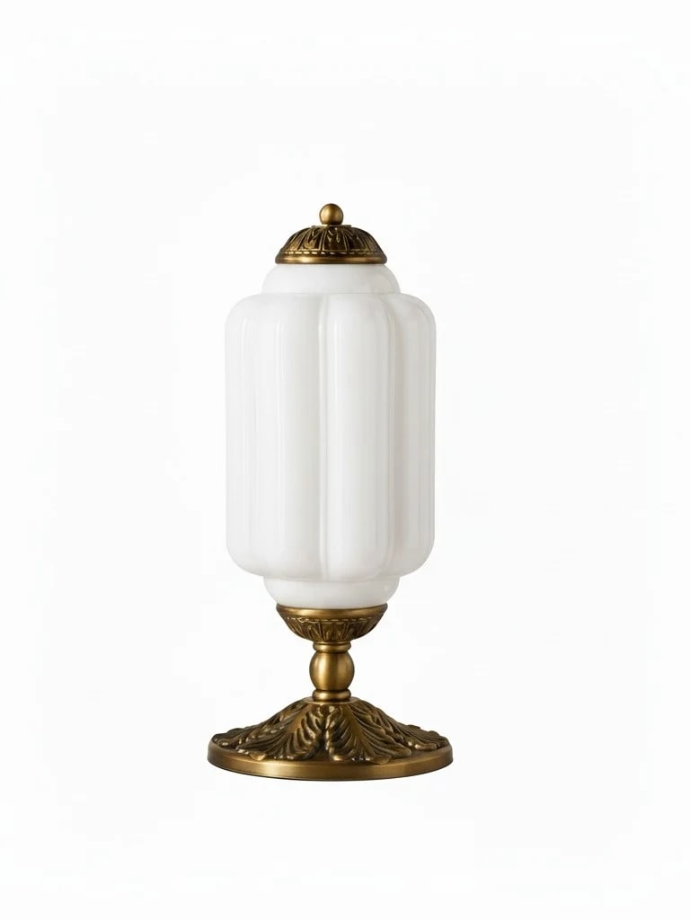 Scalloped milk glass table lamp with metal base, shown on a plain background in both white and green glass shade options