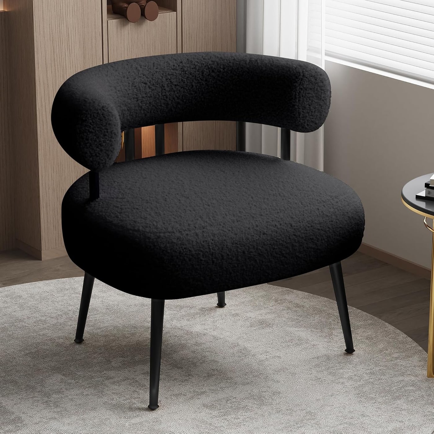 Mid-Century Sherpa Bouclé Barrel Accent Chair - Black Leg-br