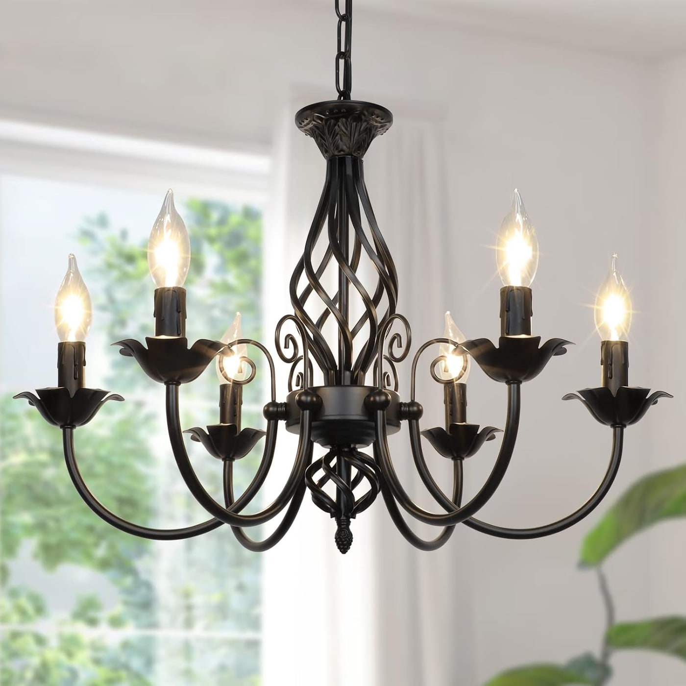 Six-Light Farmhouse Candle Chandelier in Matte Black - Black