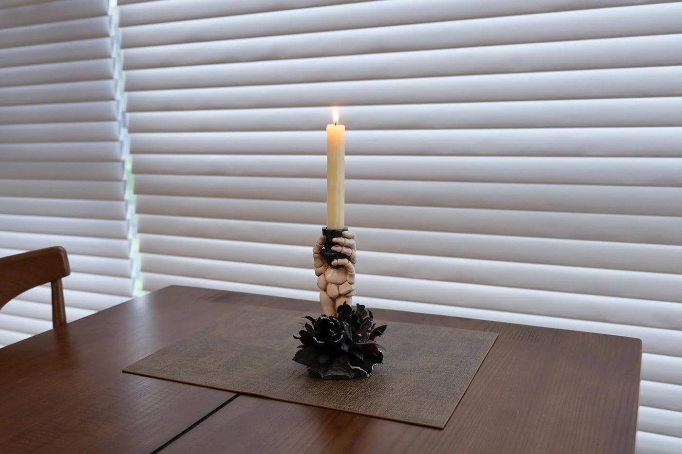 Resin Skeleton Hand Candlestick with Black Faux Flower - Photo 2