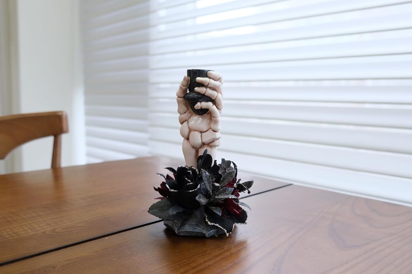 Resin Skeleton Hand Candlestick with Black Faux Flower - Photo 4