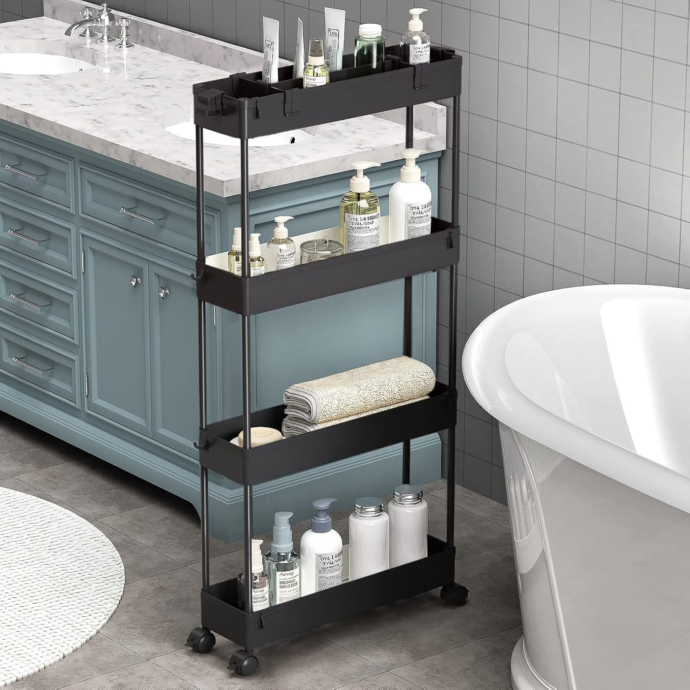 Slim 4-Tier Rolling Storage Cart - Black