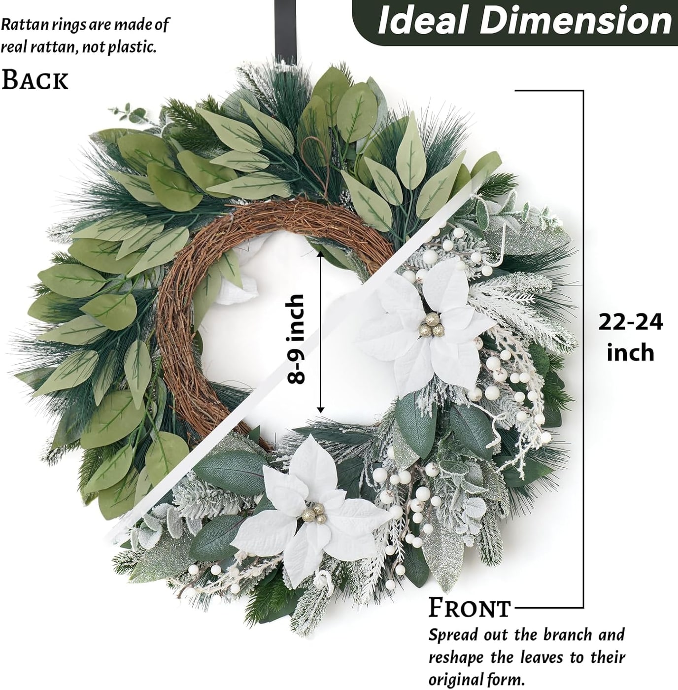 24-Inch Snowy Eucalyptus Winter Door Wreath with White Flowers & Berries - Photo 4