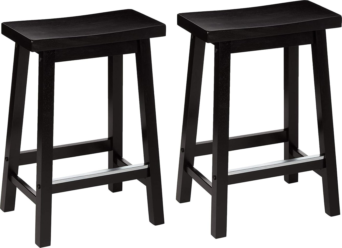 Pair of solid wood backless saddle-seat counter stools with curved seats and A-frame legs in walnut finish