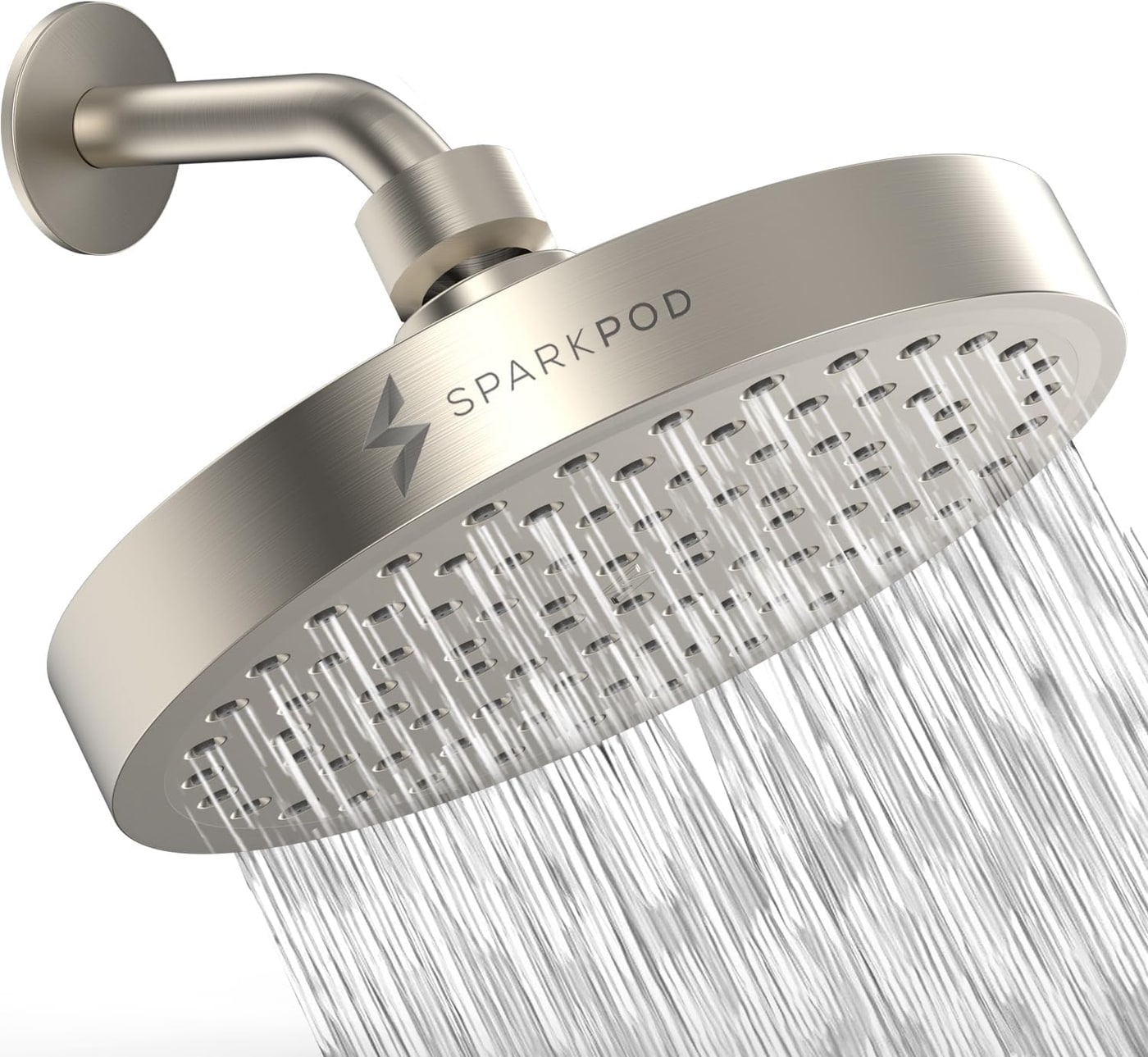 Brushed nickel rainfall shower head with 90 nozzles and a compact round face installed in a bathroom