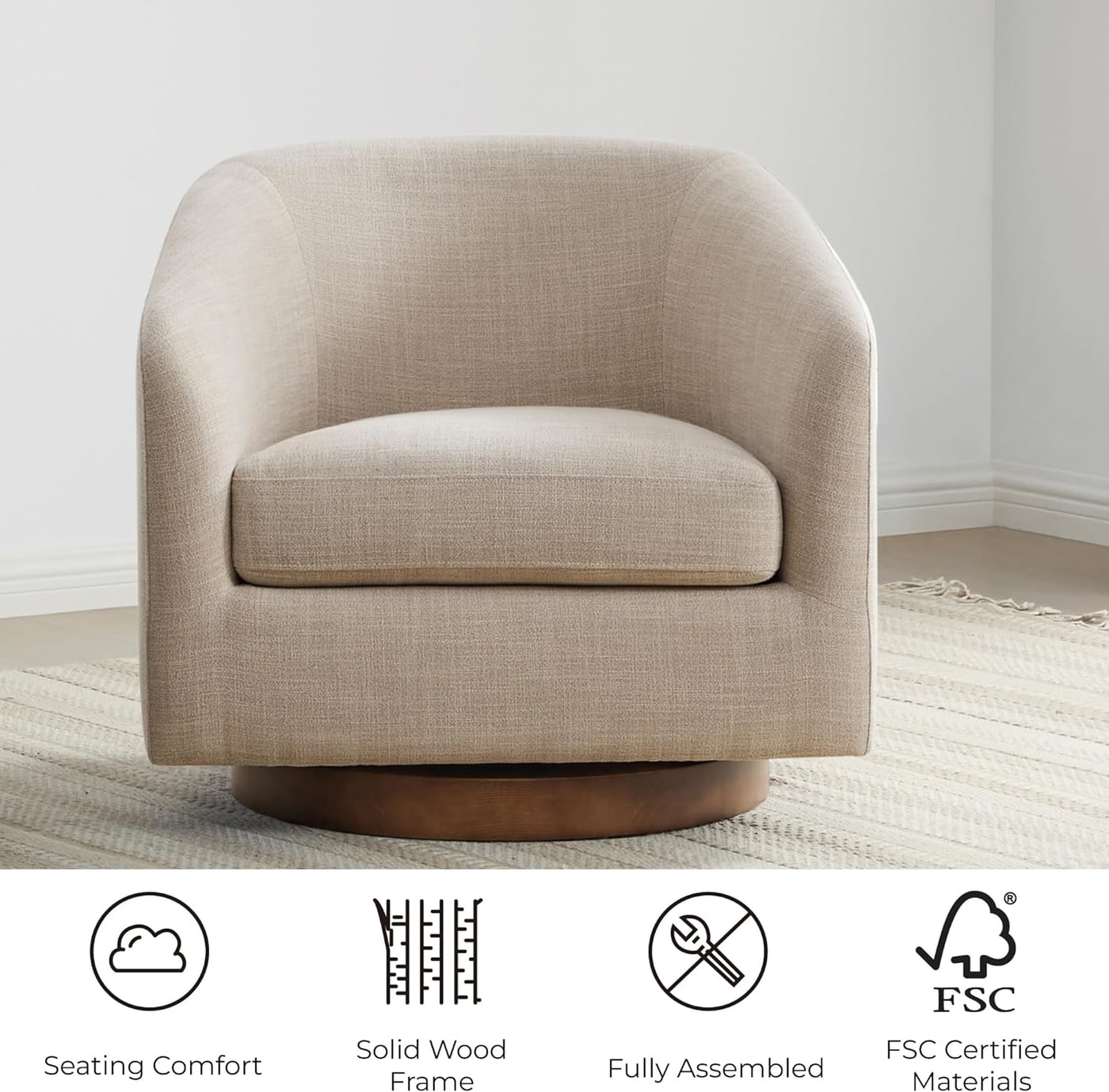 Barrel Swivel Accent Chair with FSC Wood Base - Photo 3