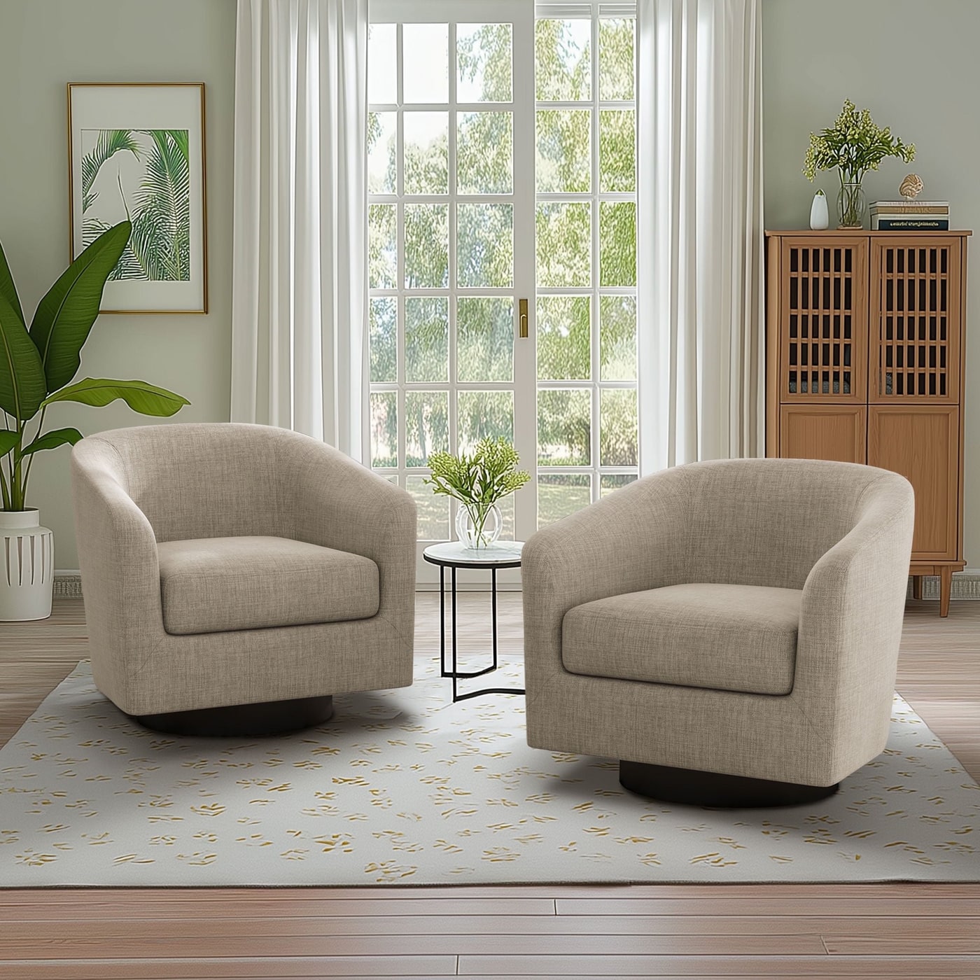 Pair of light brown teddy fleece swivel barrel chairs with curved backs and plush cushioning
