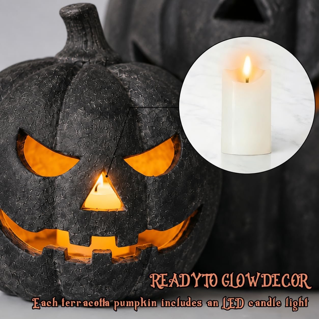 Handmade Terracotta Jack-o'-Lantern Pumpkin with Flameless Candle - Photo 3