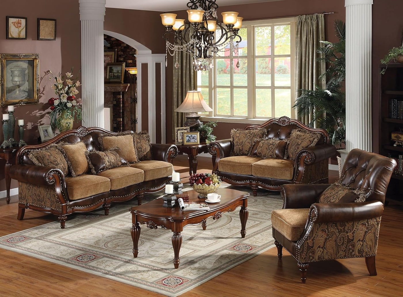 Traditional Chenille 4-Piece Living Room Set with Coffee Table - Brown PU & Chenille, Cherry Oak