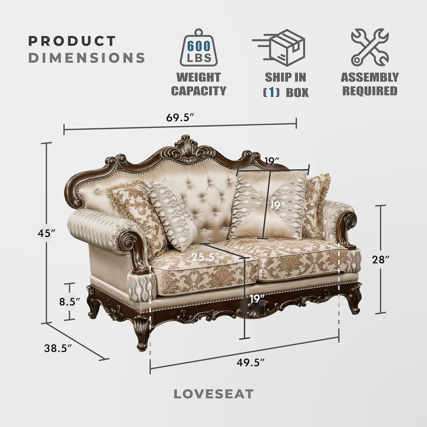 Traditional Tufted Chenille Loveseat with Rolled Arms - Photo 2