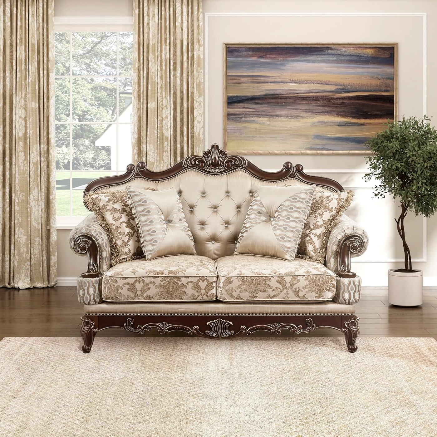 Traditional Tufted Chenille Loveseat with Rolled Arms - Brown