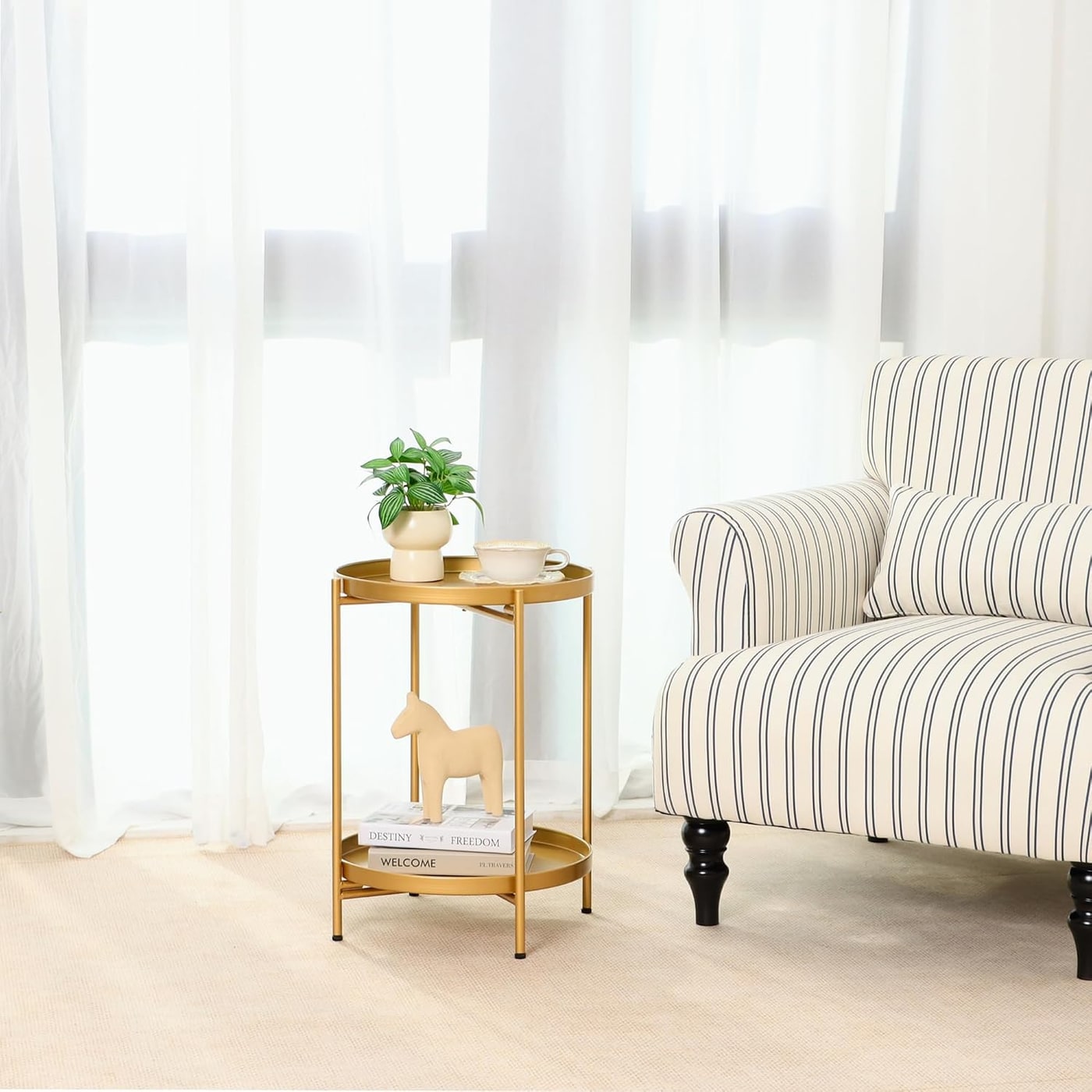 Two-Tier Folding Round Metal Side Table with Removable Trays - Photo 4
