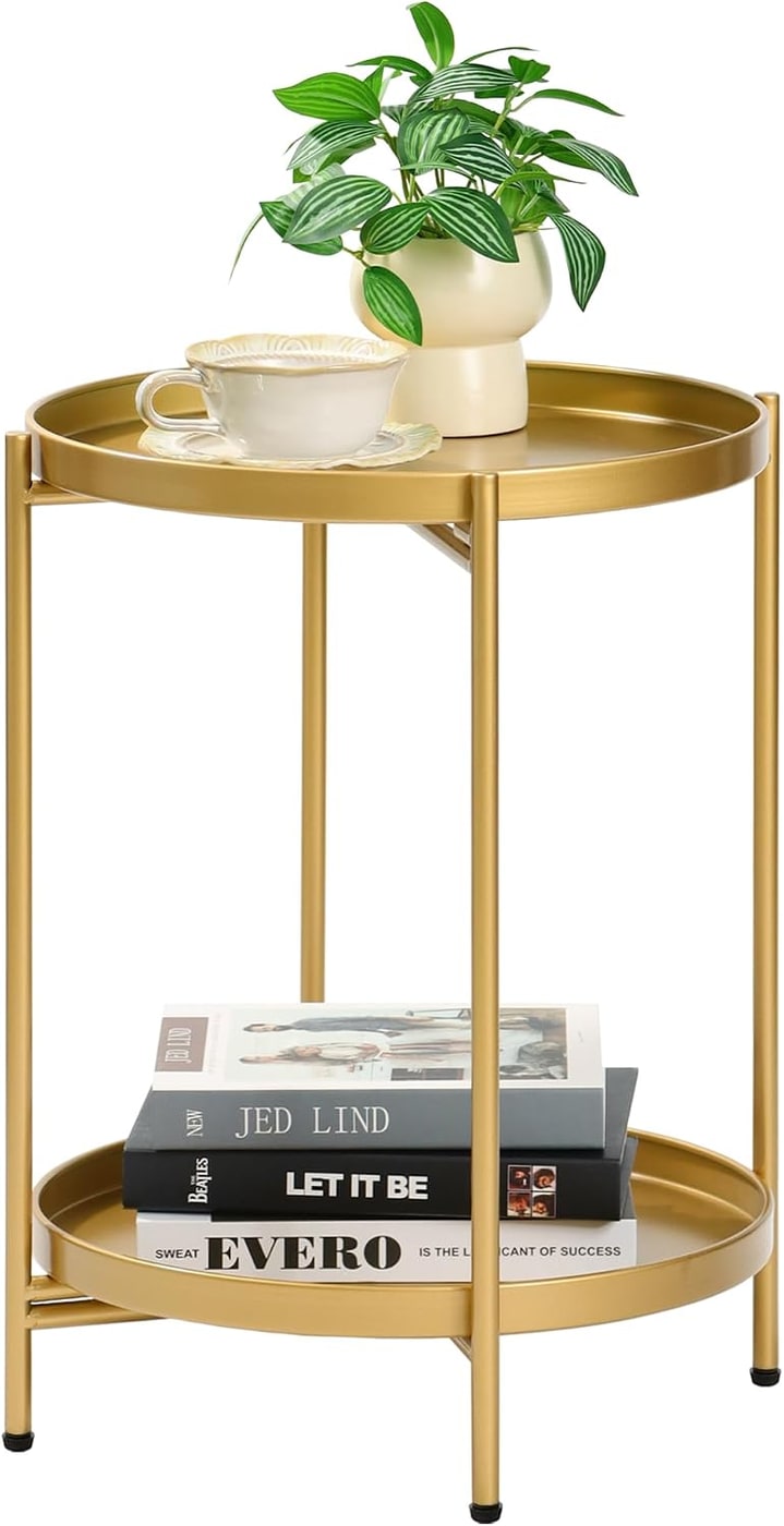 Two-Tier Folding Round Metal Side Table with Removable Trays - Gold