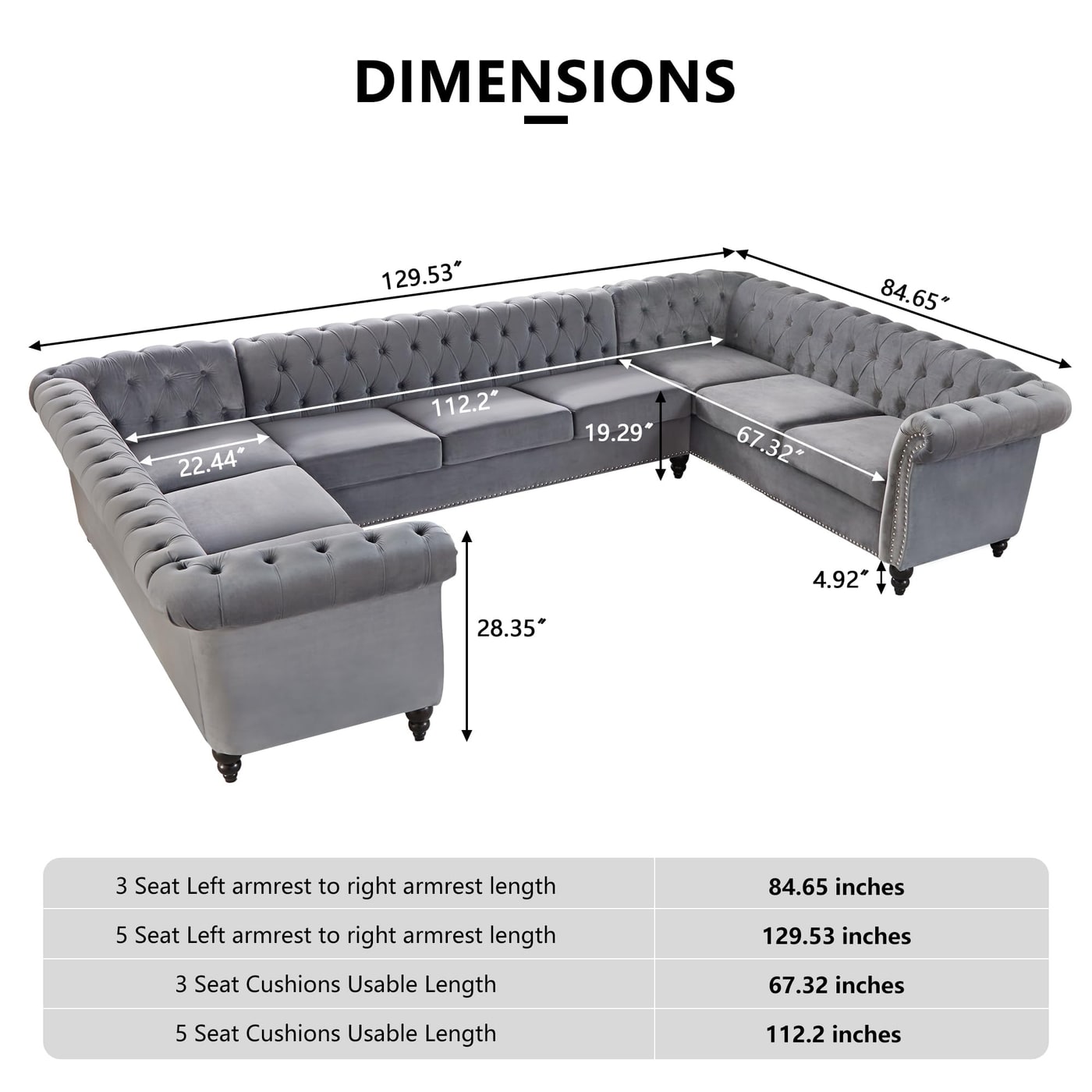 U-Shaped Chesterfield Velvet Sectional Sofa - Photo 2