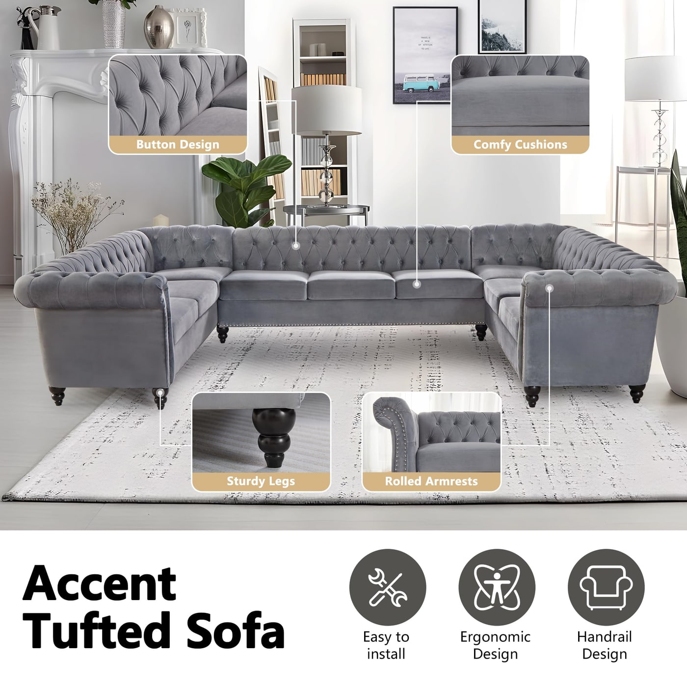 U-Shaped Chesterfield Velvet Sectional Sofa - Photo 3