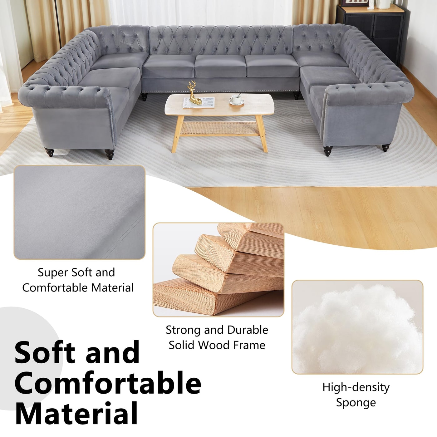U-Shaped Chesterfield Velvet Sectional Sofa - Photo 4