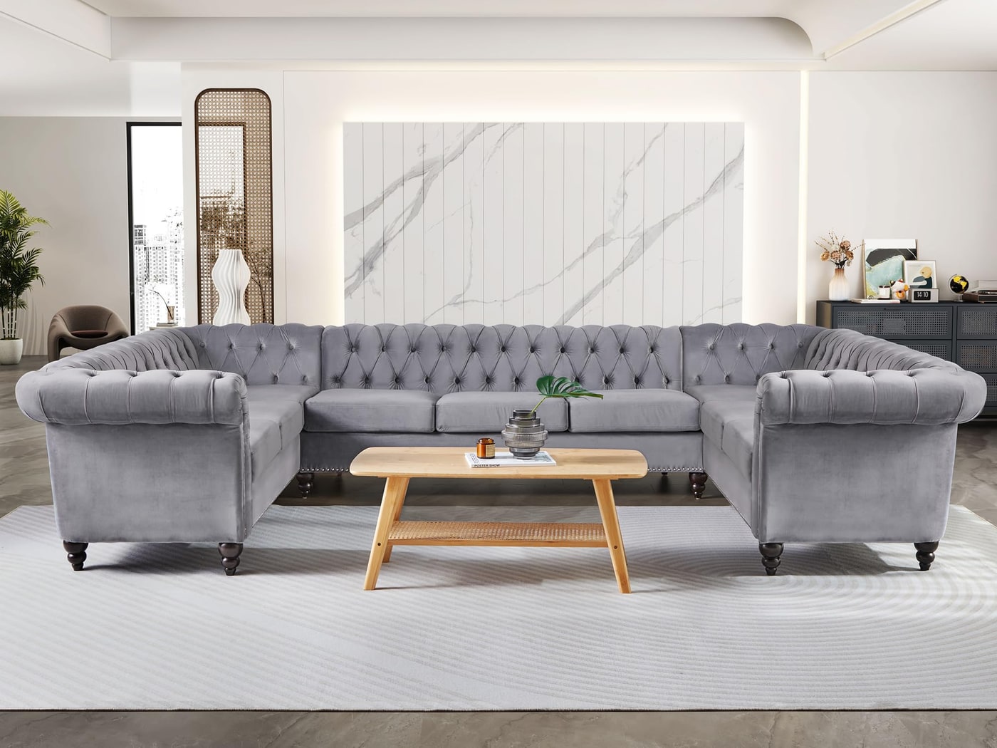 U-Shaped Chesterfield Velvet Sectional Sofa - Velvet Grey / U Shape