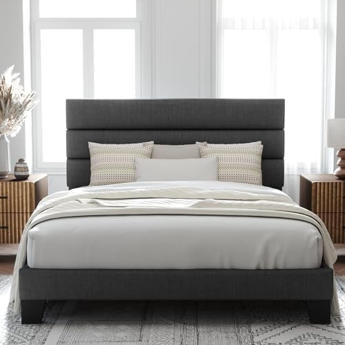 Fabric Upholstered Platform Bed with Slat Headboard - Photo 2