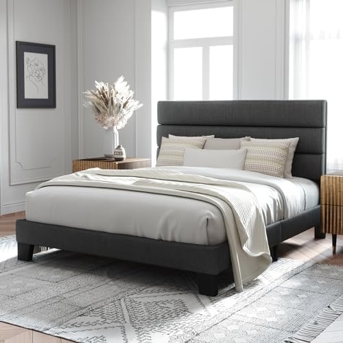 Fabric Upholstered Platform Bed with Slat Headboard - Photo 4