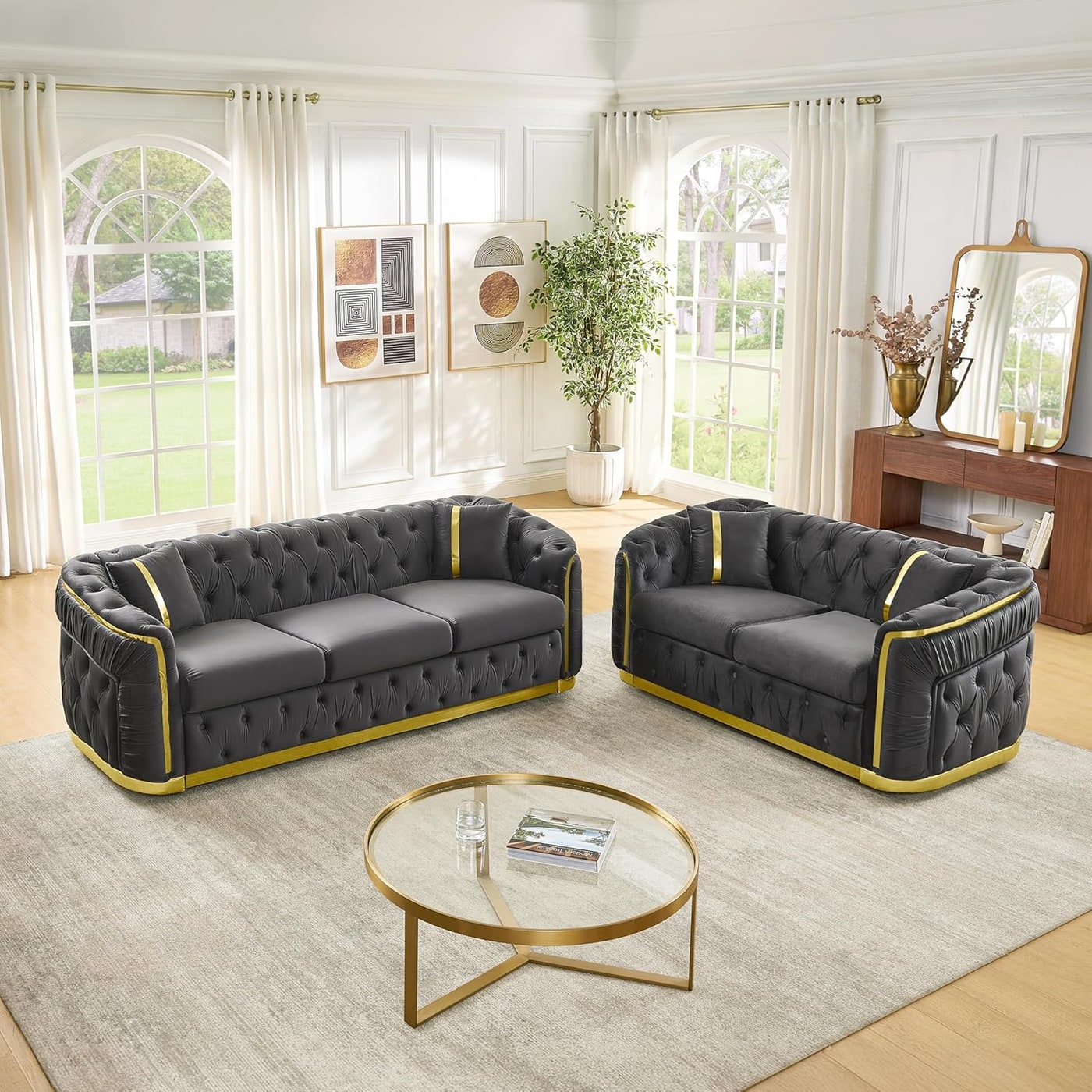 Two-Piece Chesterfield Velvet Sofa and Loveseat Set - Photo 3