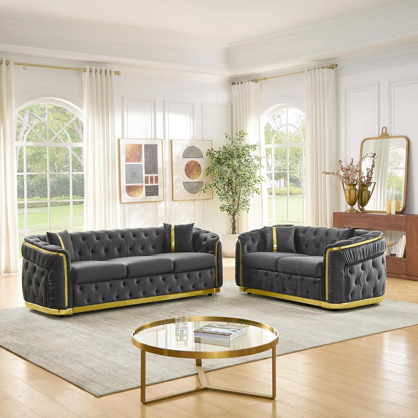 Two-Piece Chesterfield Velvet Sofa and Loveseat Set - Grey