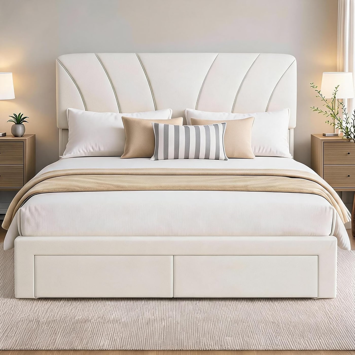 Velvet Upholstered Queen Bed Frame with Storage Drawers