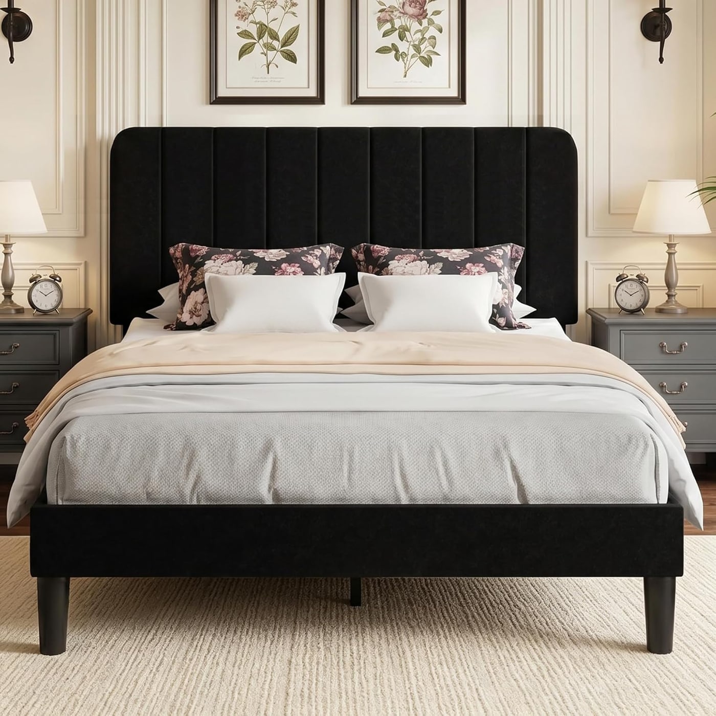 Velvet Upholstered Platform Bed Frame with Adjustable Headboard - Black