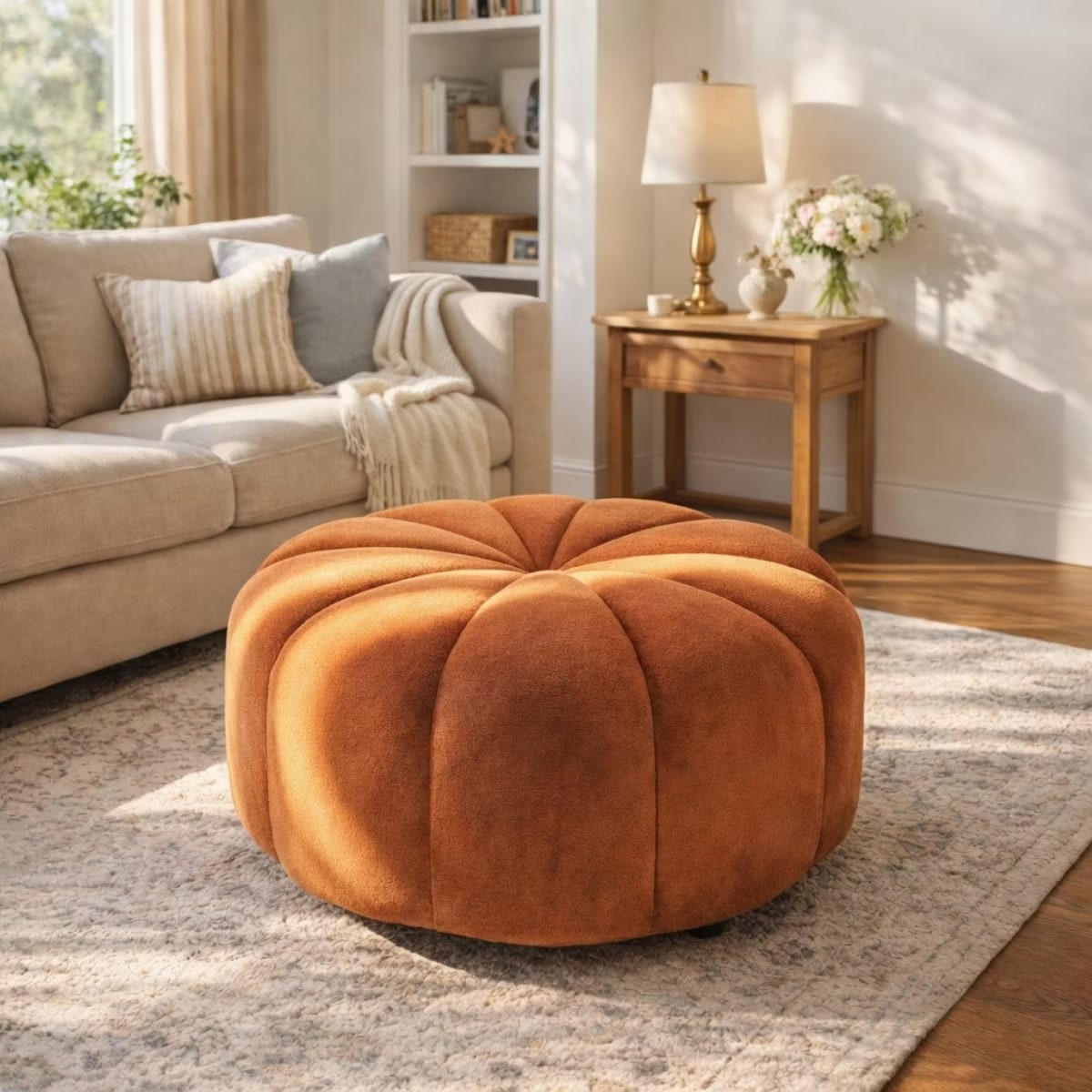 Vienne Modern Velvet Round Tufted Ottoman - Orange