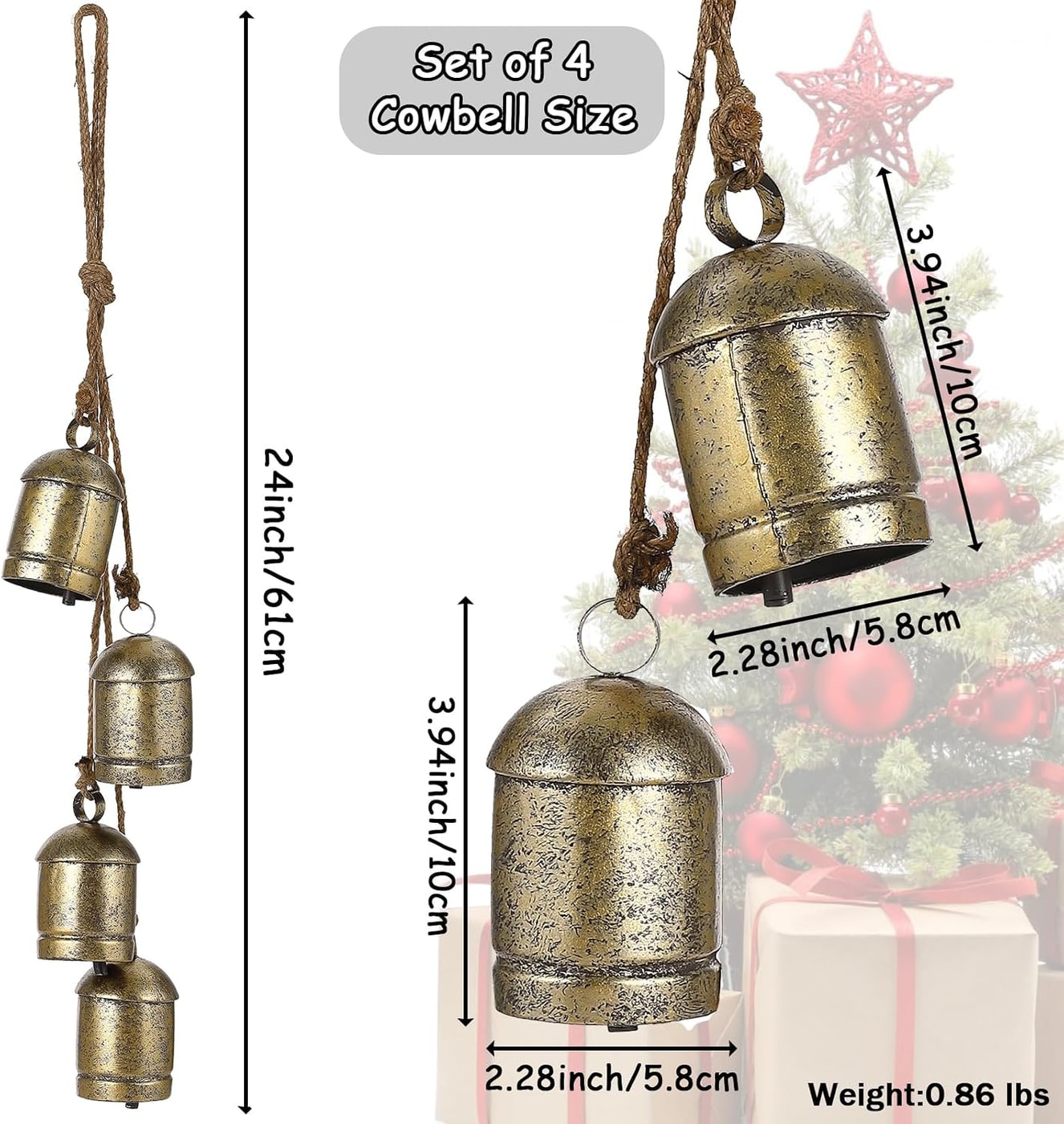 Vintage Brass Harmony Cow Bells on Jute Rope - Photo 3