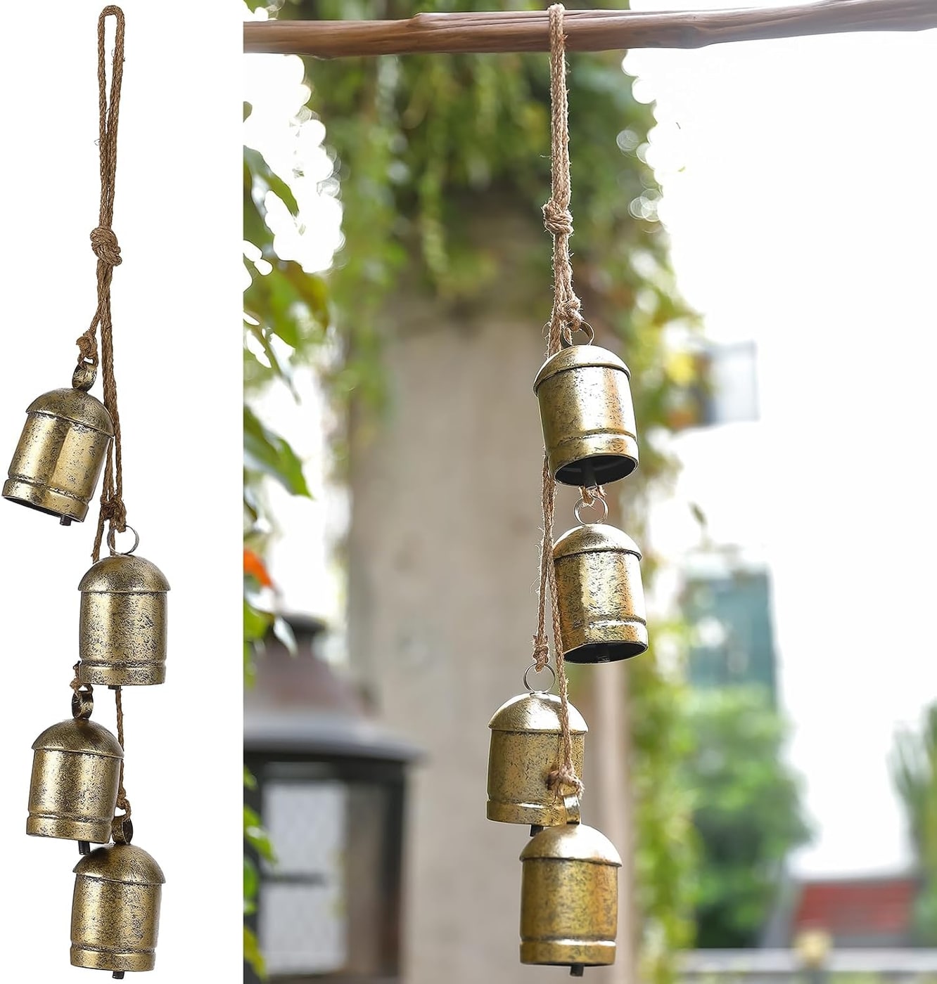 Vintage Brass Harmony Cow Bells on Jute Rope - Set of 4 on Rope